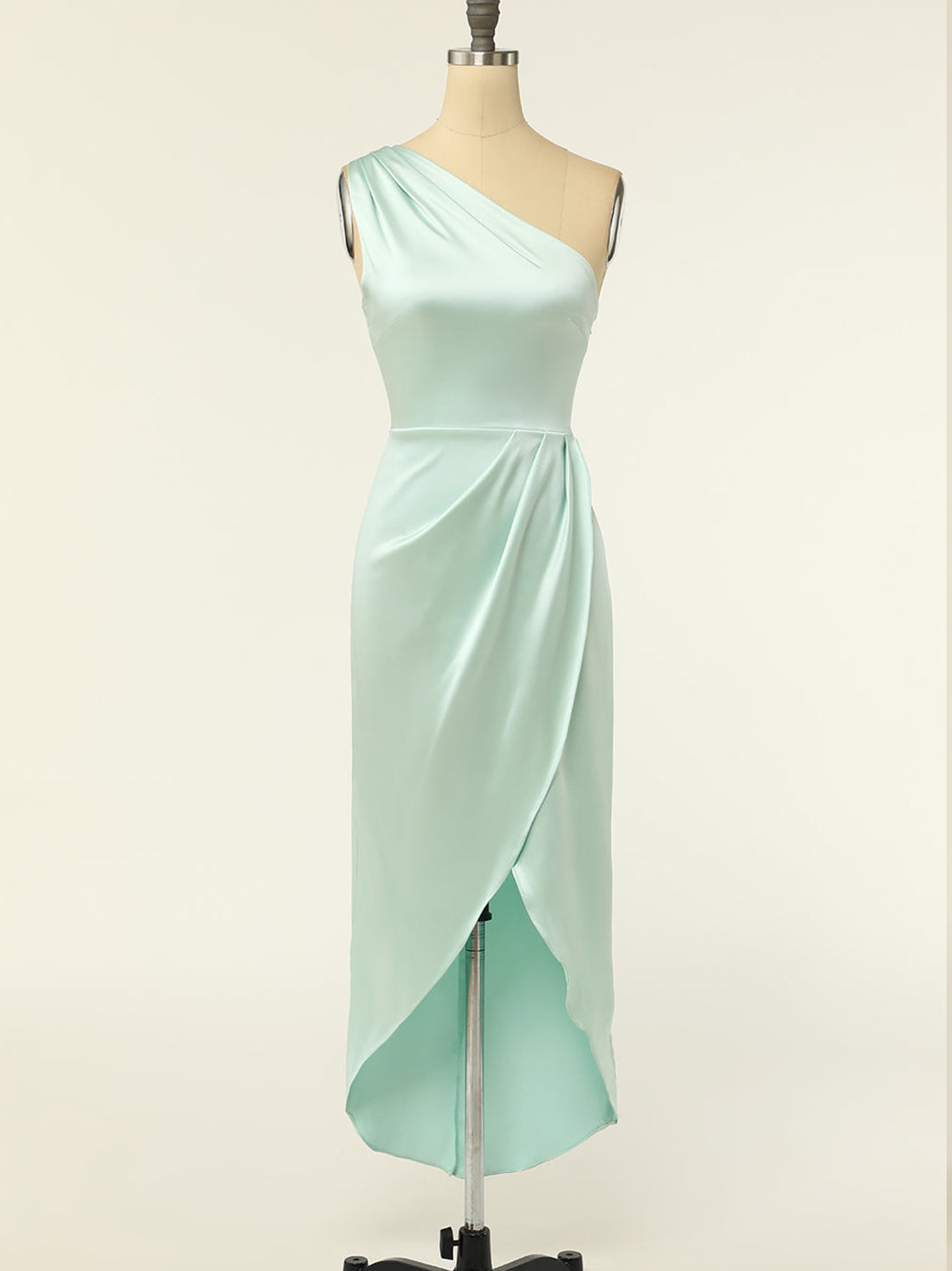 Stretch Satin Column One Shoulder Sleeveless Bridesmaid Dress-F0313043