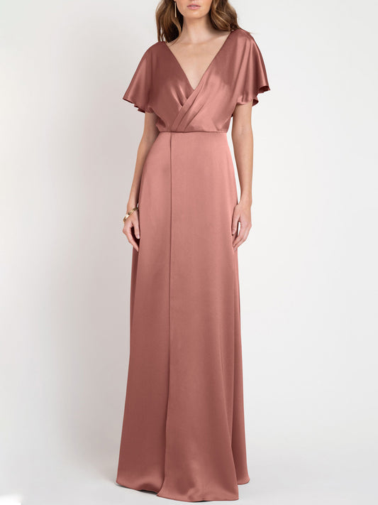 Stretch Satin A-Line V-Neck Half Sleeves Bridesmaid Dress-F0313004