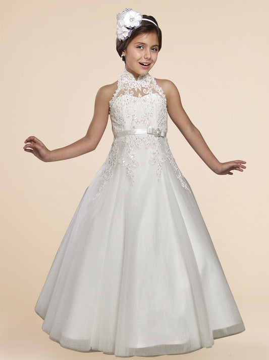 Lace A-Line Stand Collar Sleeveless Flower Girl Dress-F500003